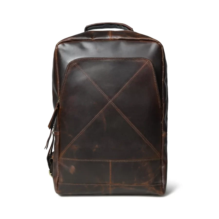 Front view of a dark brown backpack with three chains on the outside