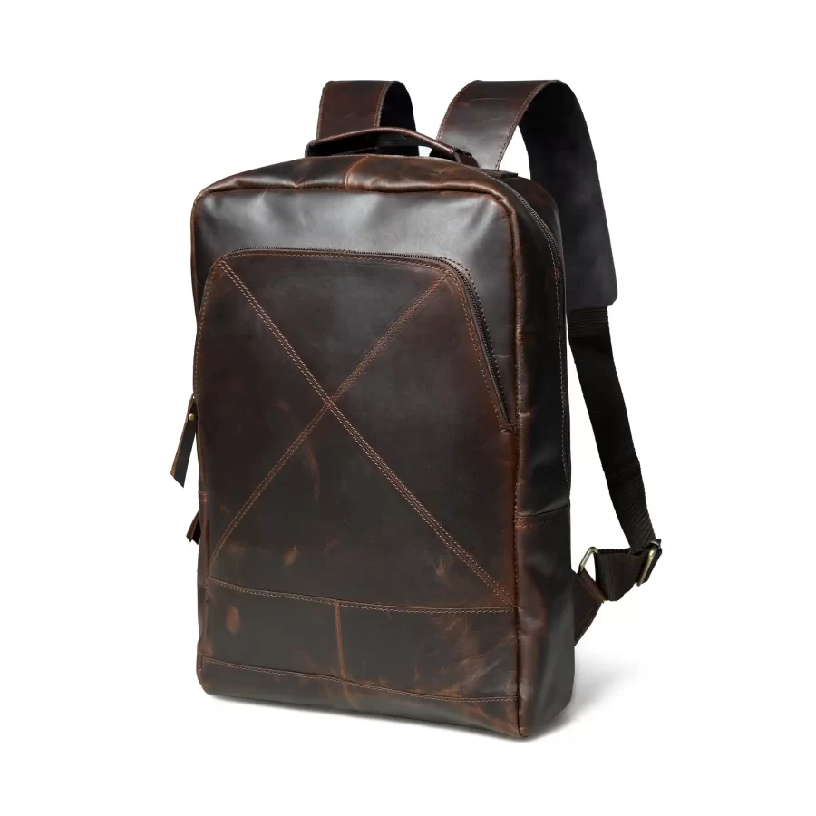 Side view of a dark brown backpack with three chains on the outside