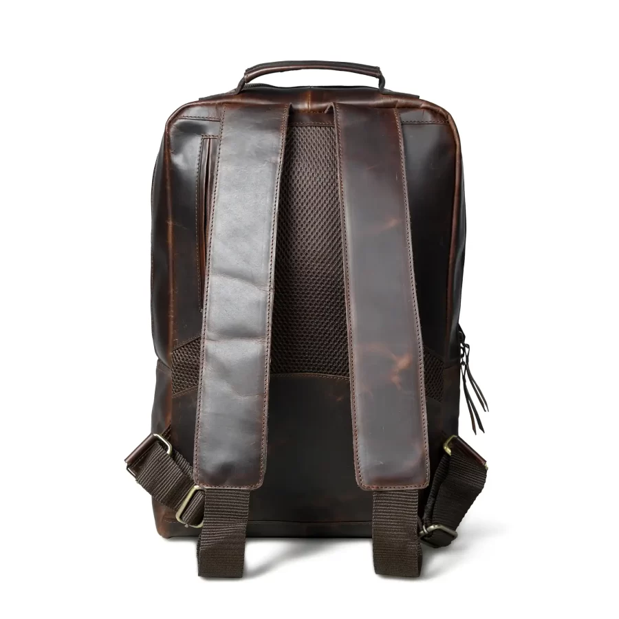 Back view of a dark brown backpack with three chains on the outside