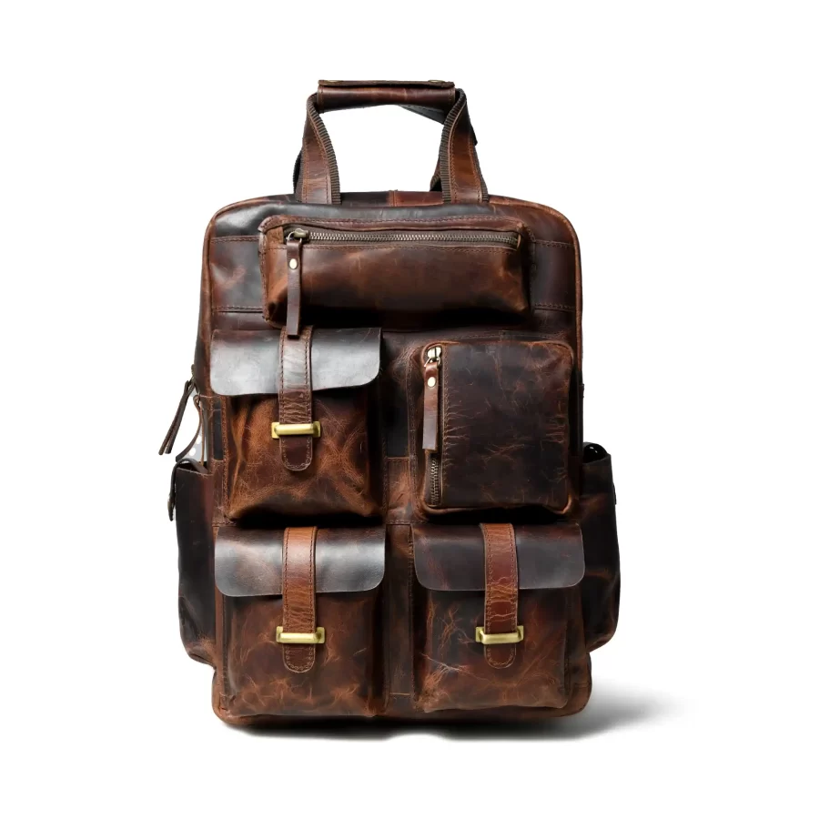 Front view of a dark brown backpack with 5 pockets