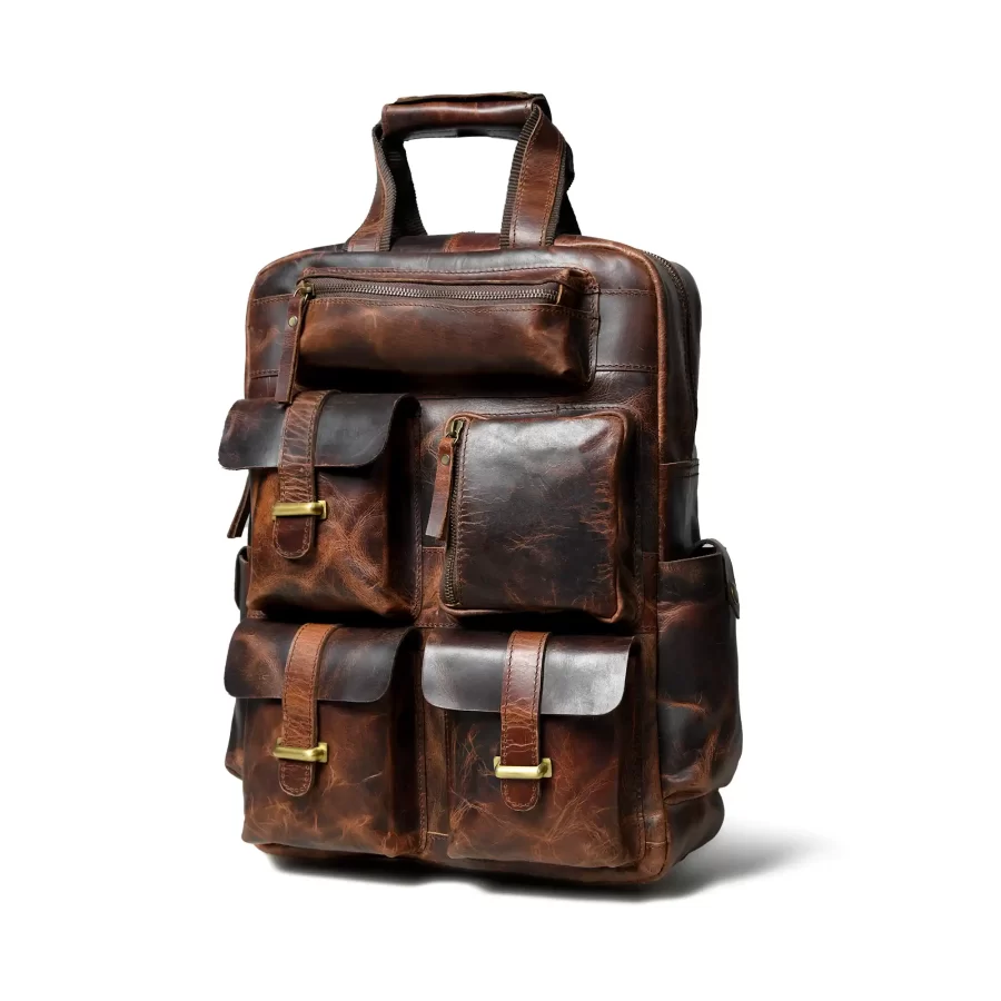 Side view of a dark brown backpack with 5 pockets