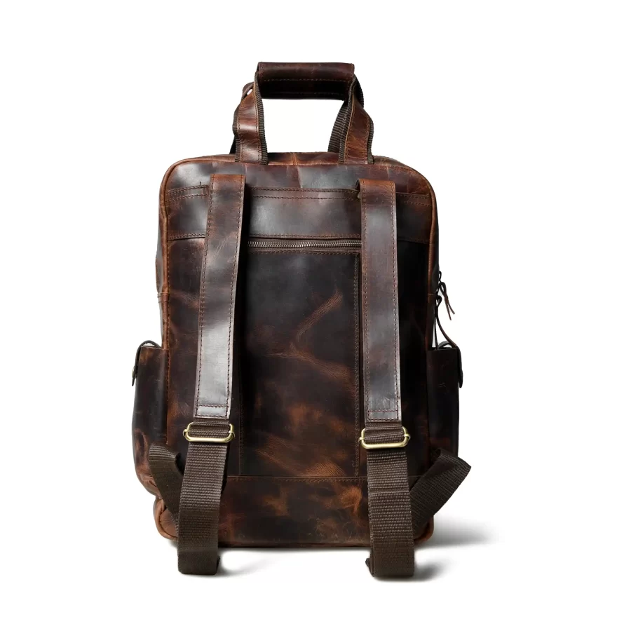 Back view of a dark brown backpack with 5 pockets