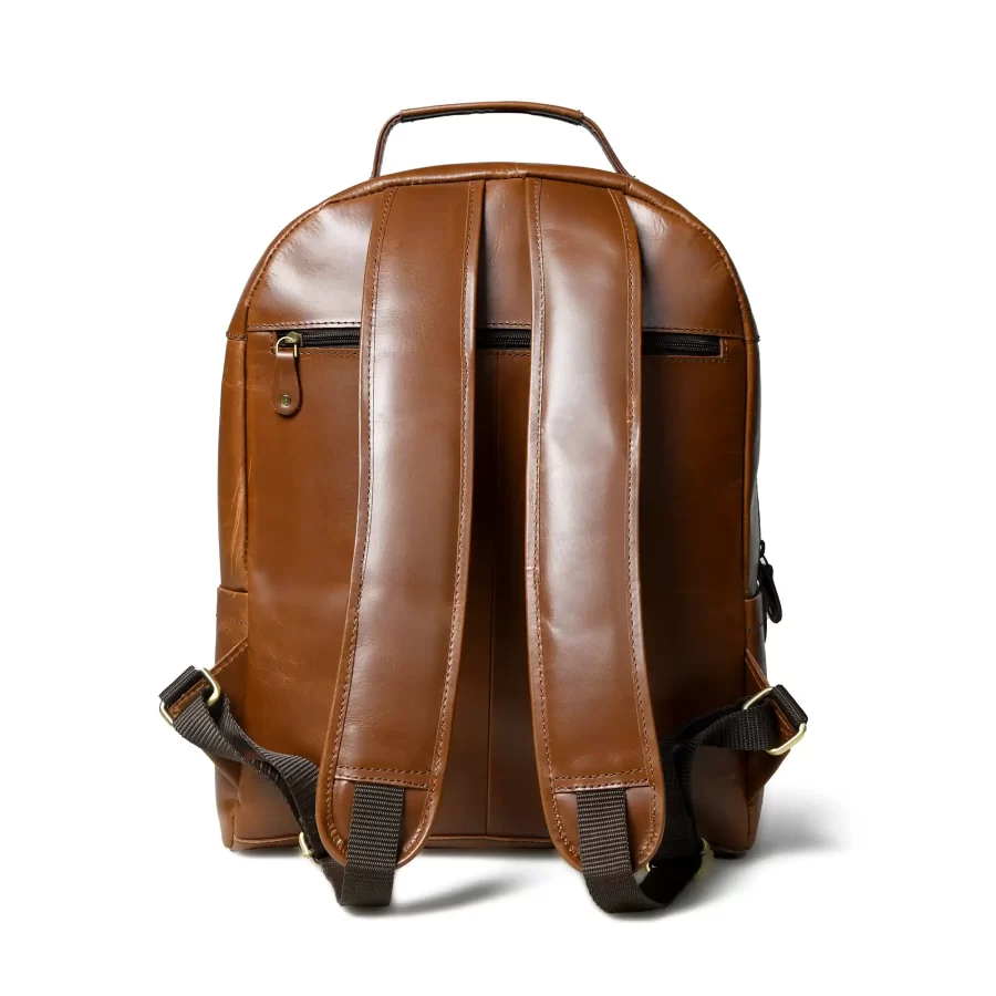 Back view of a tan brown leather backpack with 3 chains