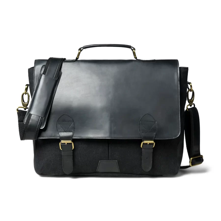 Front view of a black canvas bag with black finish