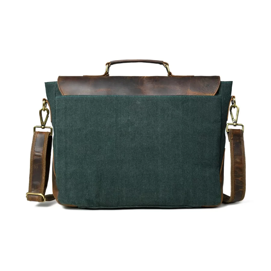 Back view of a dark brown canvas bag with green finish