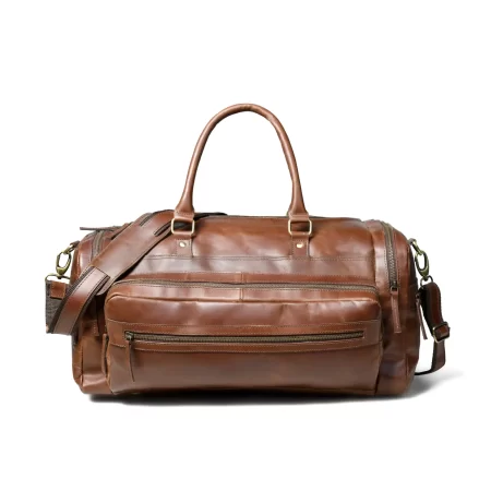 Front view of a brown duffle bag