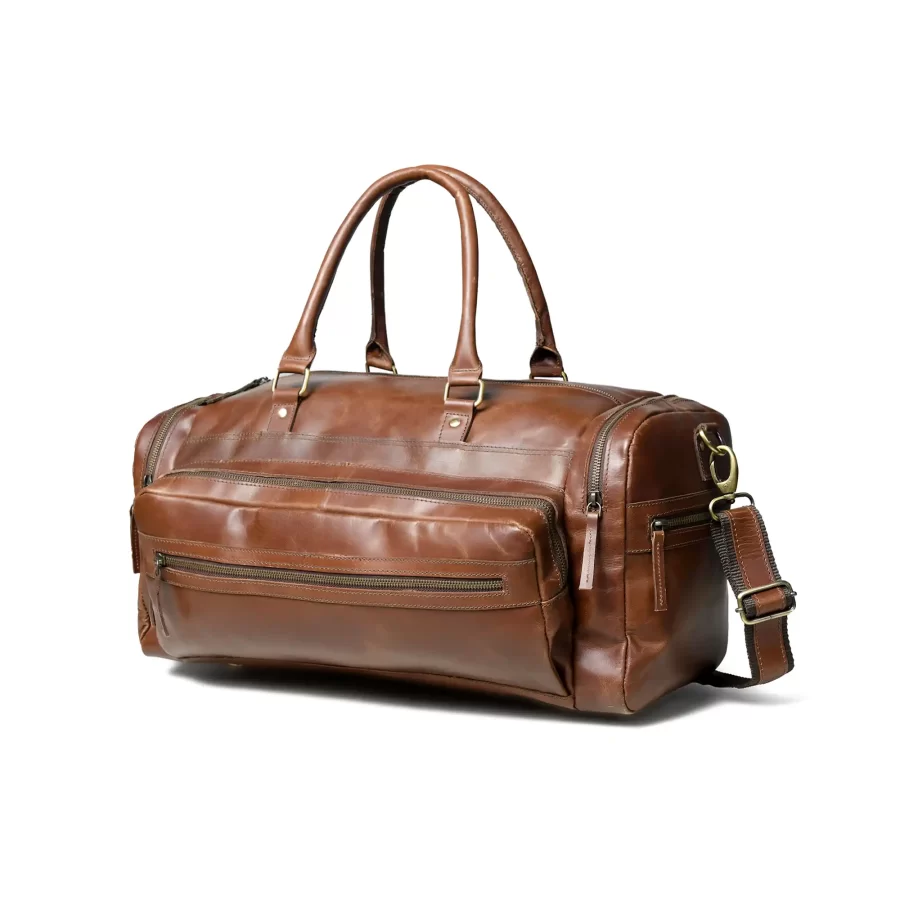 Side view of a brown duffle bag