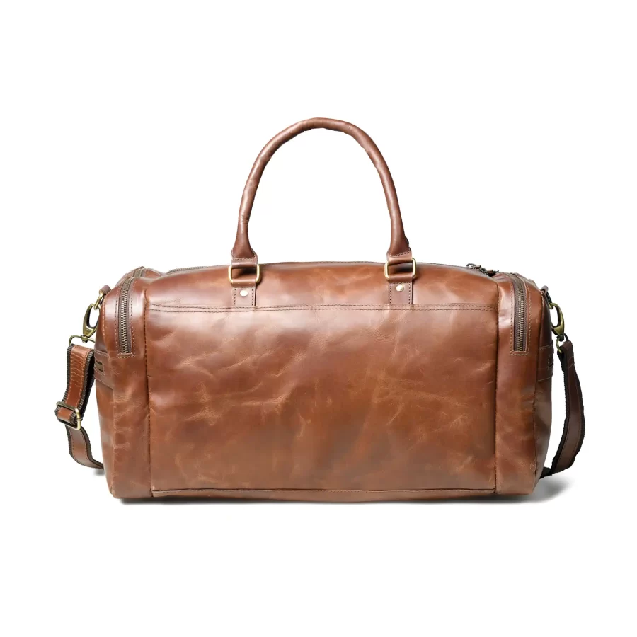 Back view of a brown duffle bag