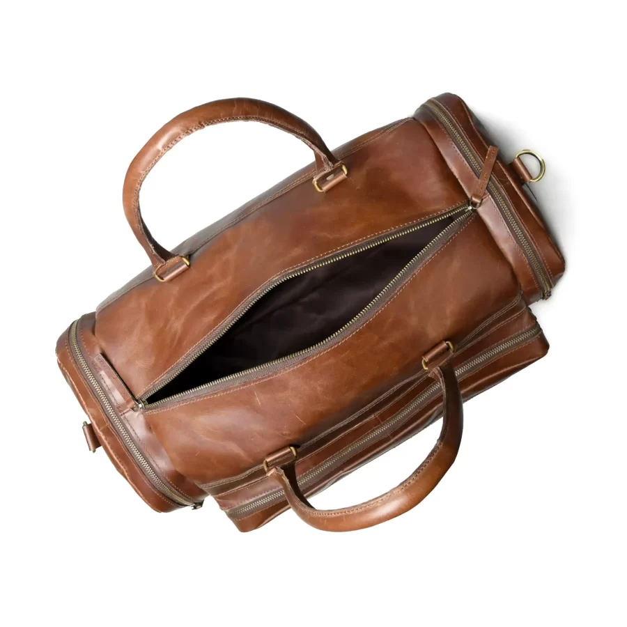 Inside view of a brown duffle bag