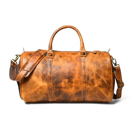 Front view of a tan brown duffle bag