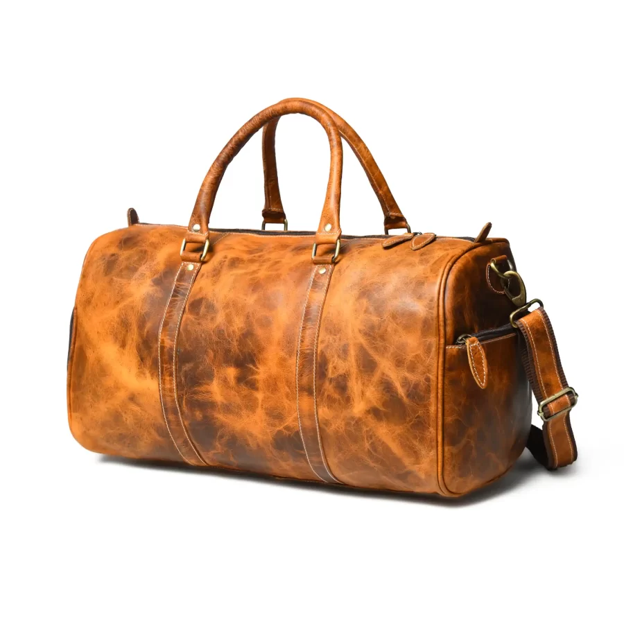 Side view of a tan brown duffle bag