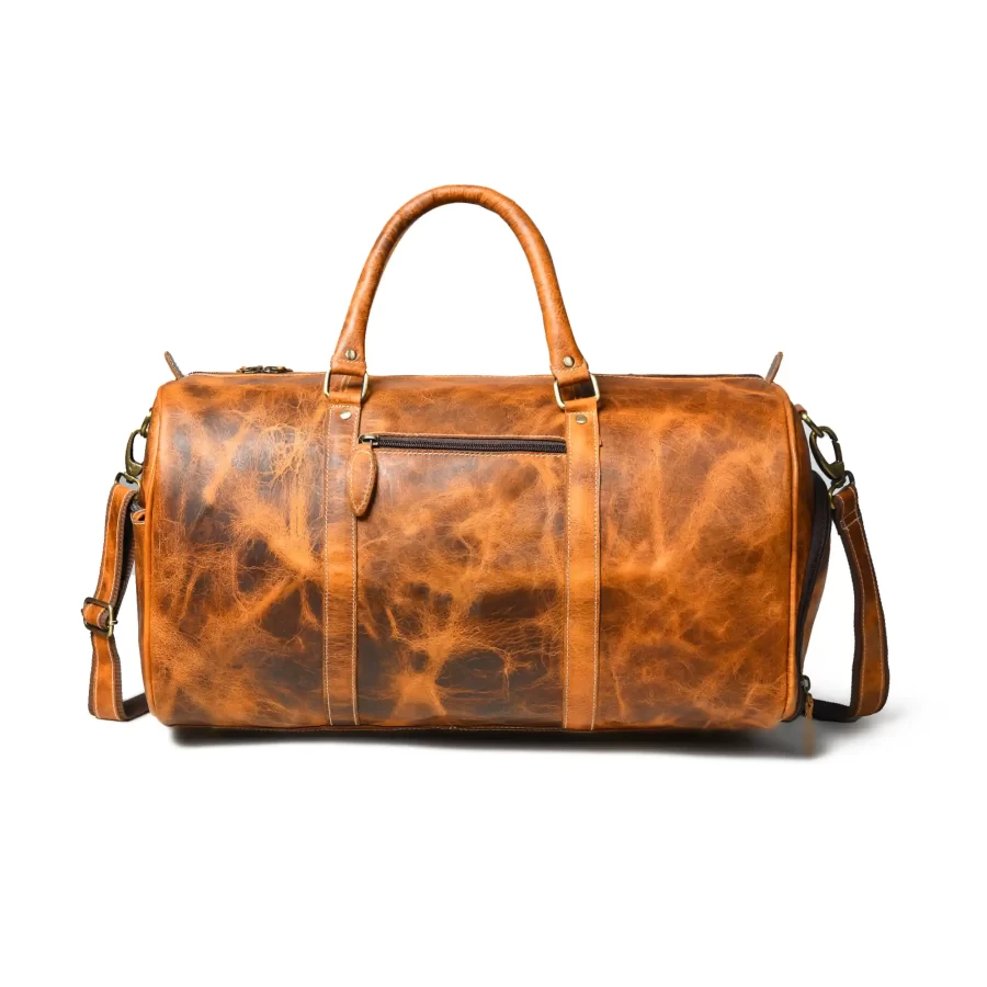 Back view of a tan brown duffle bag