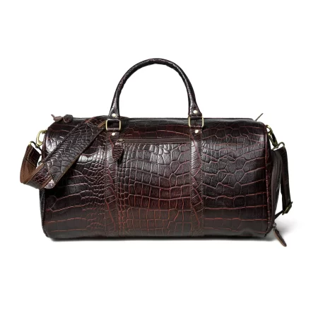 Front view of a duffle bag with crocodile texture