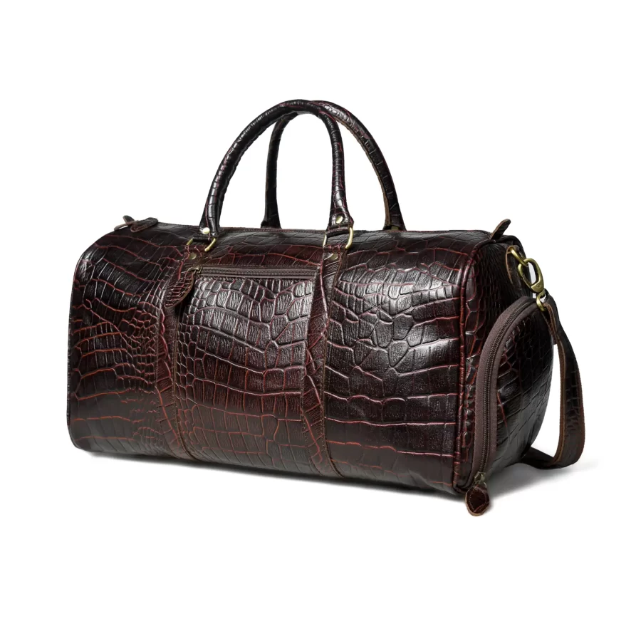 Side view of a duffle bag with crocodile texture