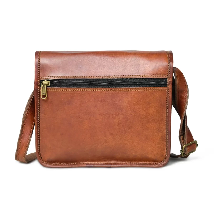 Back view of a brown full flap sling bag in square shape 3