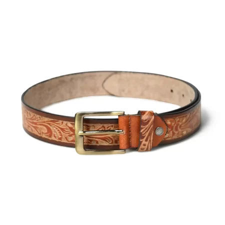 Full view of the brown handmade leather belt with a floral design laid out flat