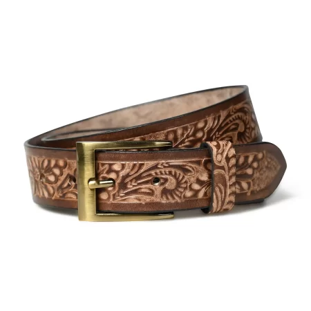 Close-up of brown leather belt with floral design.