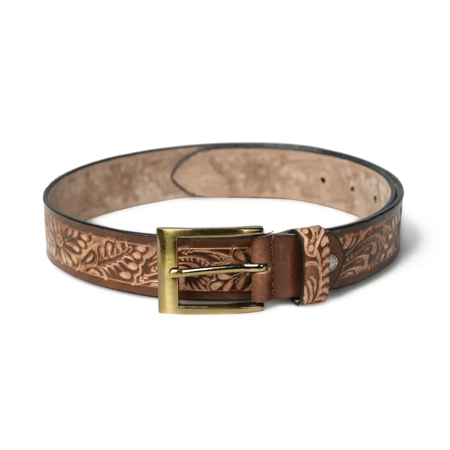 Full view of brown leather belt with floral design