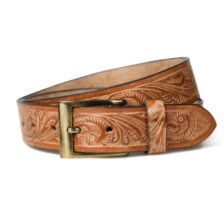 Close-up of sand brown leather belt with floral design