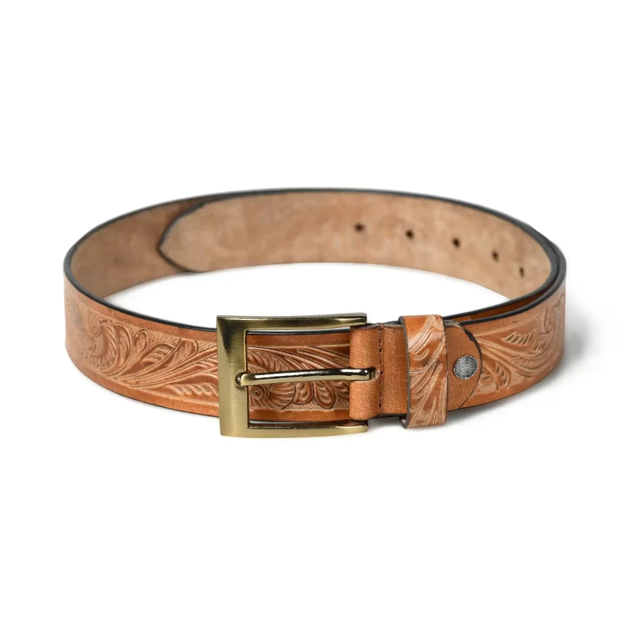 Full view of sand brown leather belt with floral design