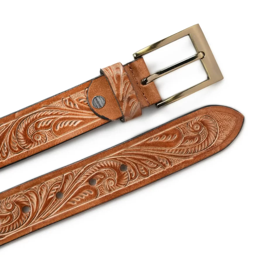 Front and backside of sand brown leather belt.