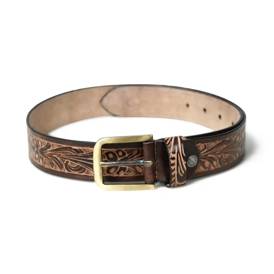 Full view of dark brown leather belt with floral design