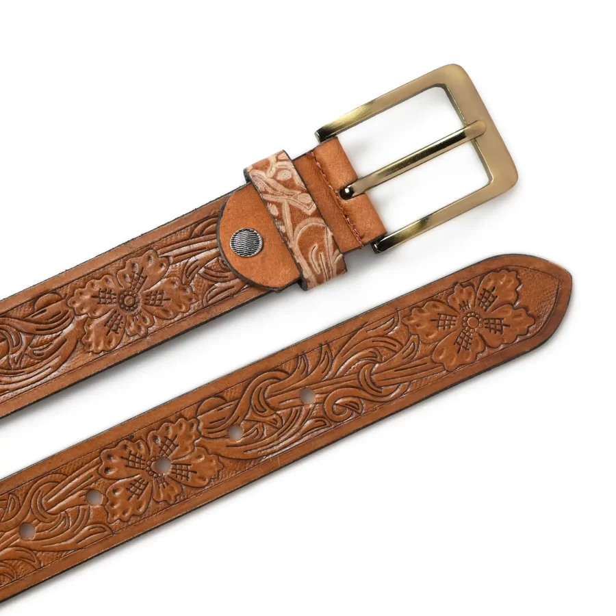 Front and backside of tan brown leather belt.