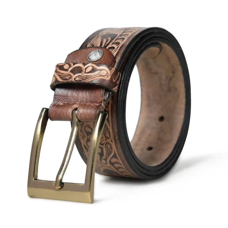 Dark blue leather belt rolled up with buckle.