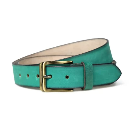 Close-up of dusty teal leather belt.