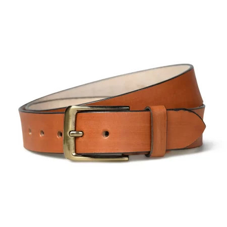 Close-up of tan brown leather belt.