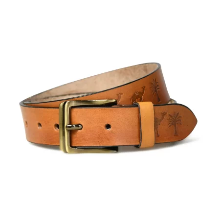 Close-up of camel design leather belt for men.