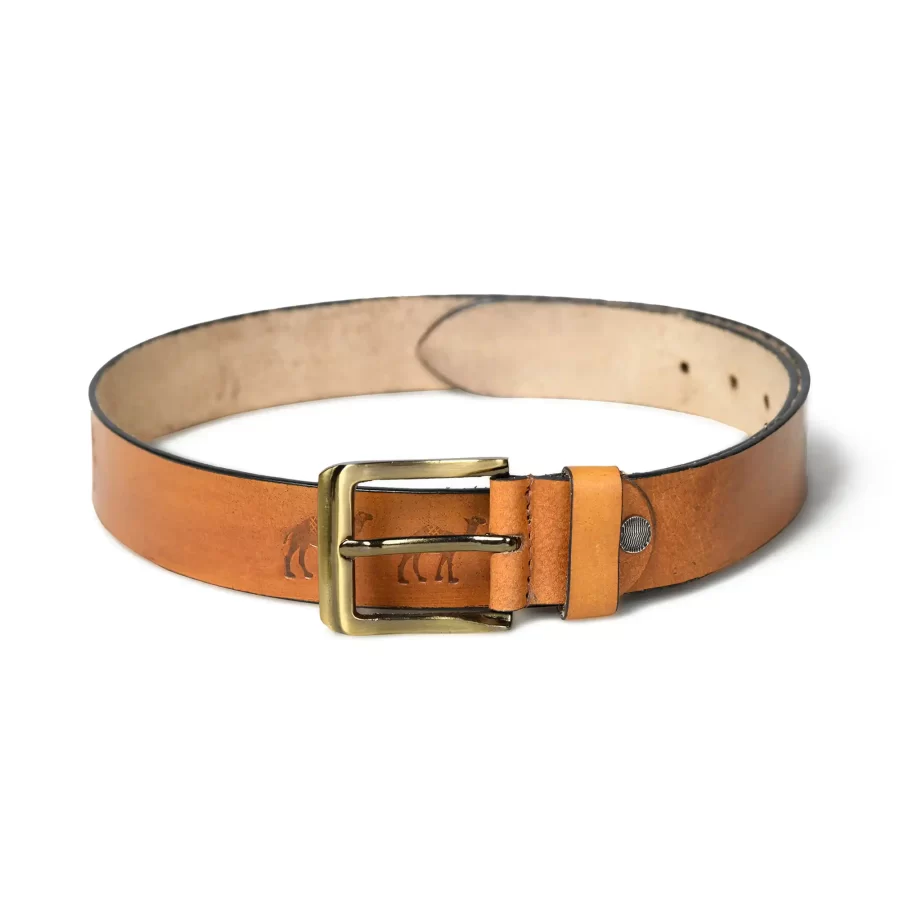 Full view of camel design leather belt for men laid flat.