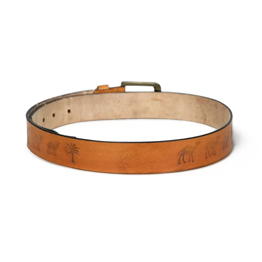 Backside of camel design leather belt for men.