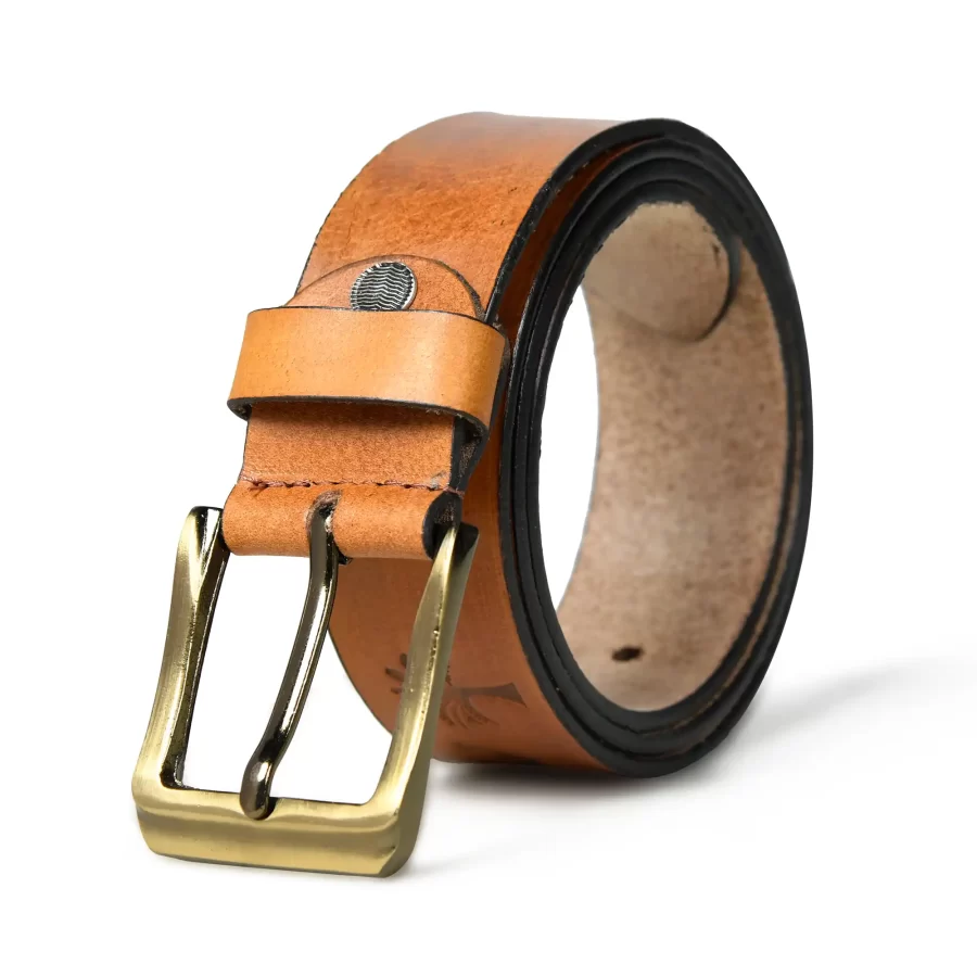 Camel design leather belt for men rolled up with buckle.