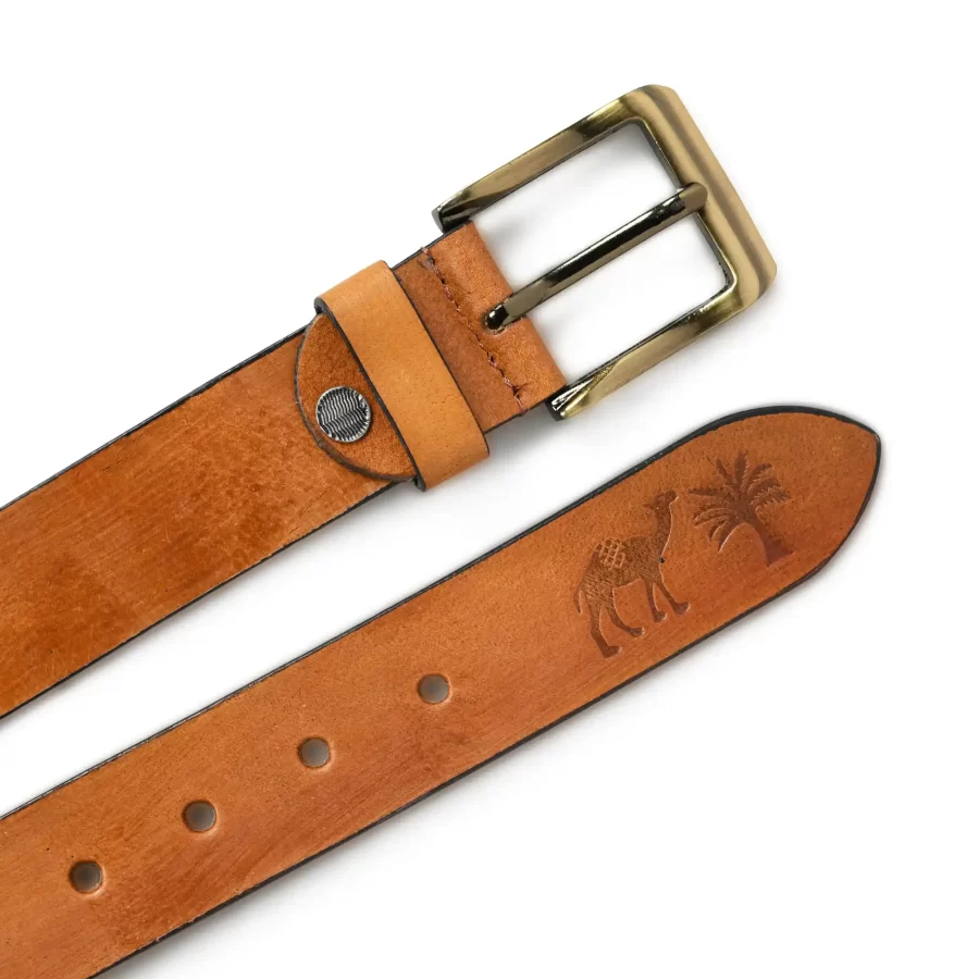 Front and backside of camel design leather belt for men.