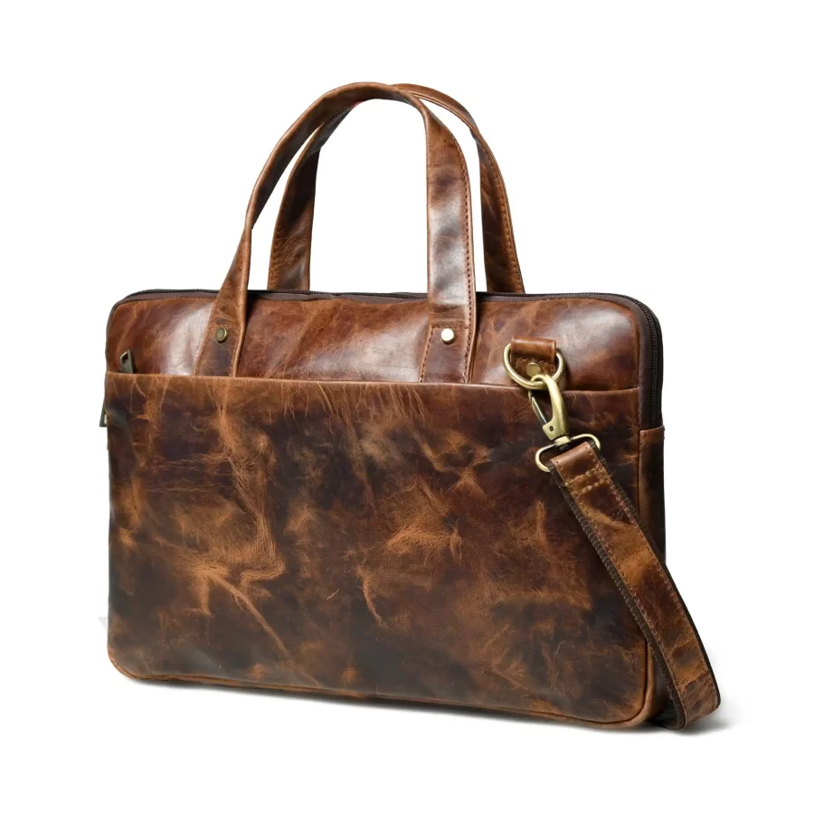 Side view of a dark brown laptop bag