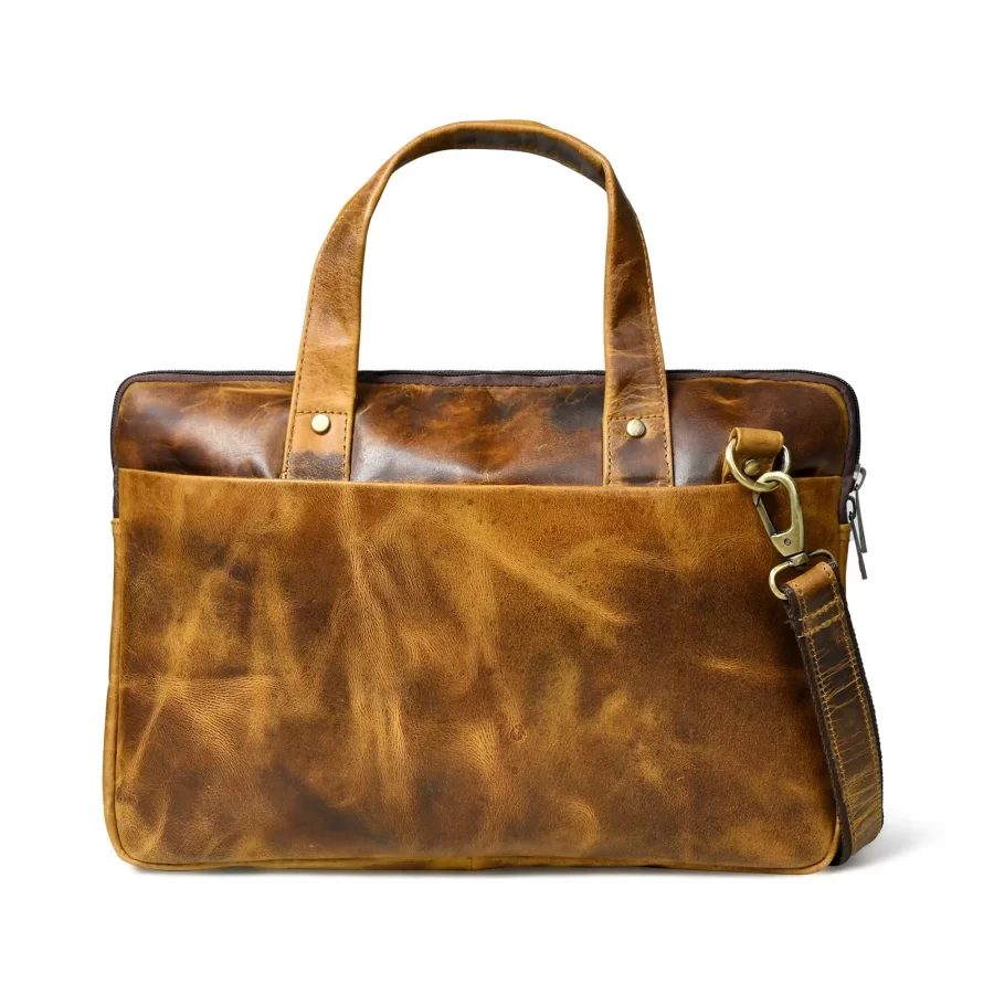 Back view of a dark brown laptop bag with yellow tone