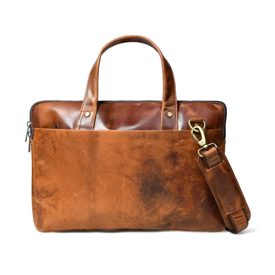 Front view of a light brown laptop bag