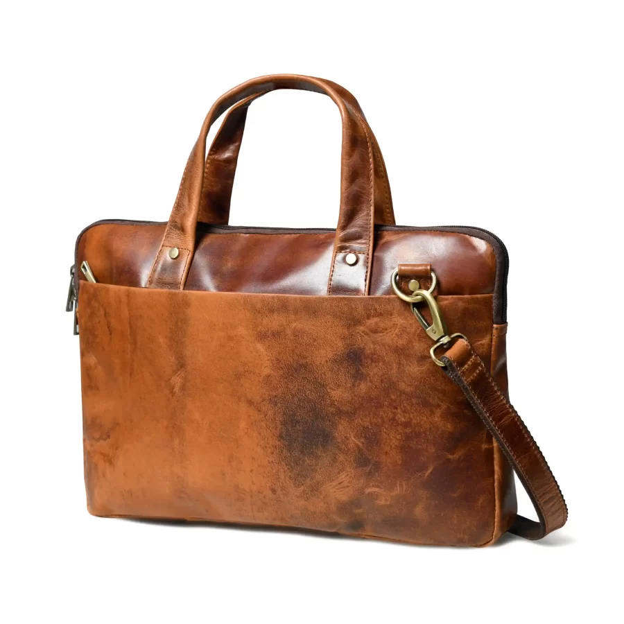 Side view of a light brown laptop bag