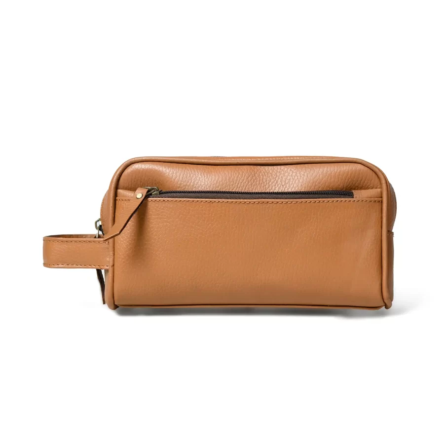 Front view of a leather toiletry pouch