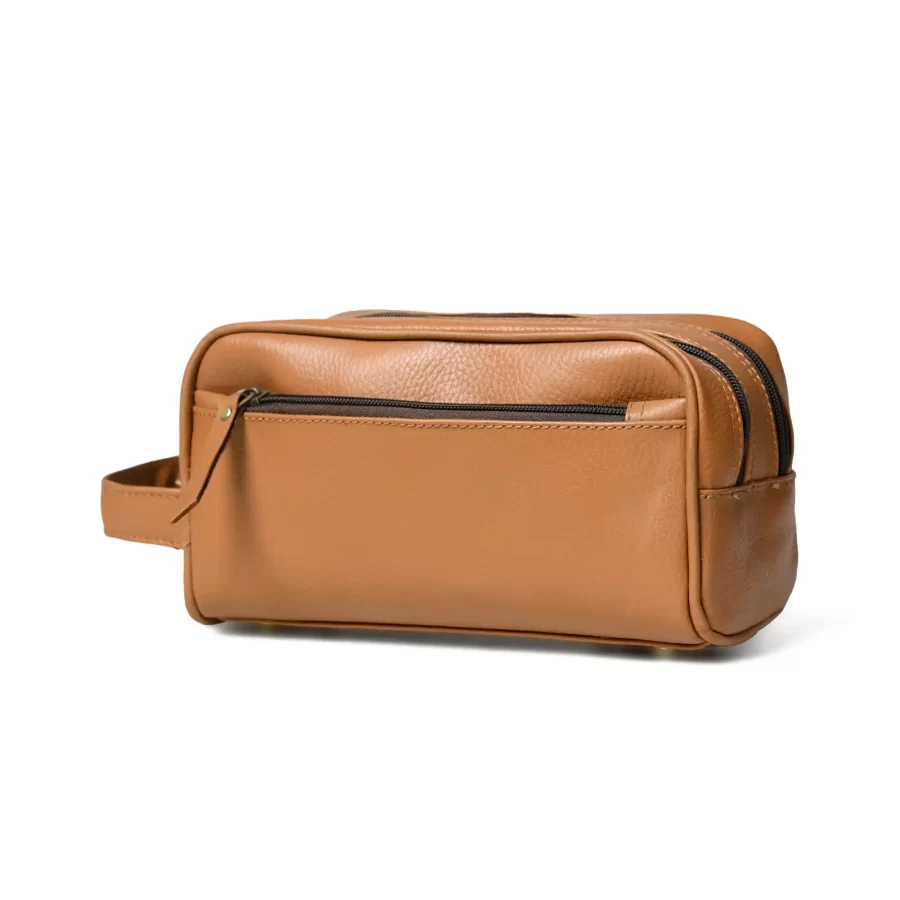 Side view of a leather toiletry pouch