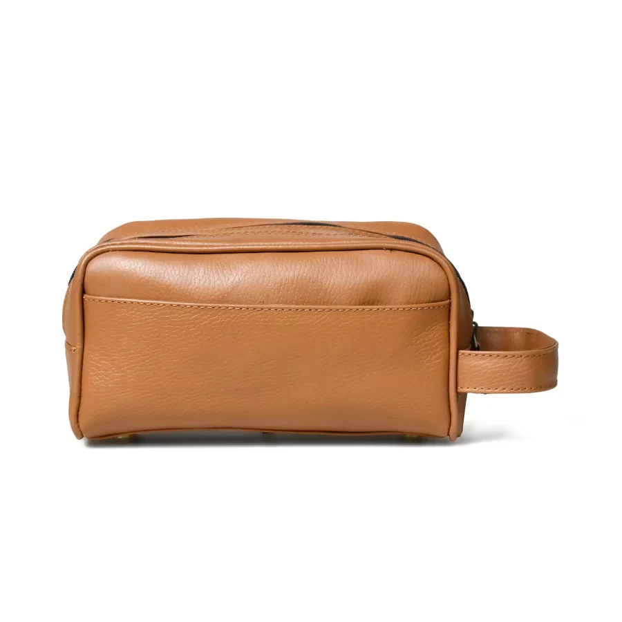 Back view of a leather toiletry pouch