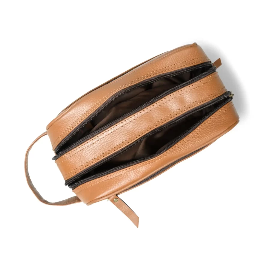 Inside view of a leather toiletry pouch