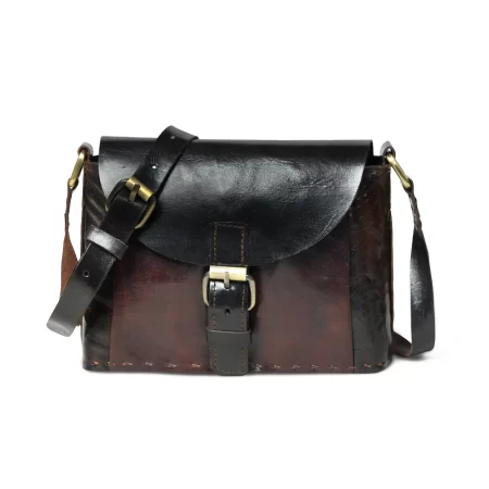 Front view of Leather Sling Bag With Buckle - Dark Brown