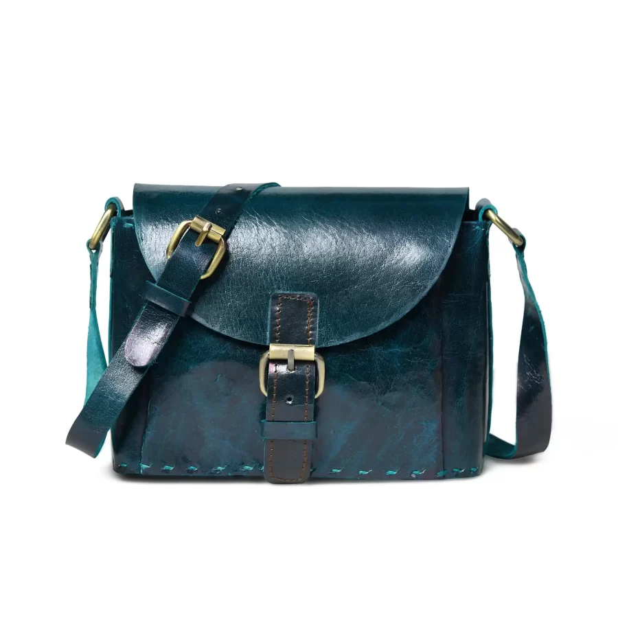 Front view of Leather Sling Bag With Buckle - Sea Green