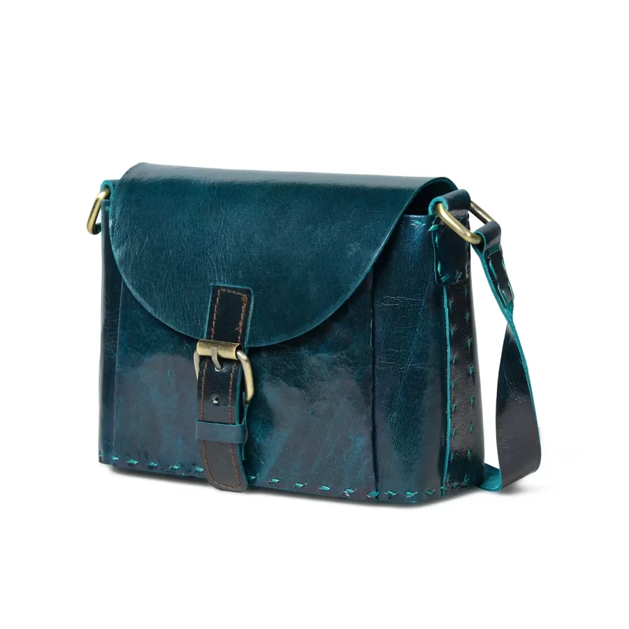 Side view of Leather Sling Bag With Buckle - Sea Green