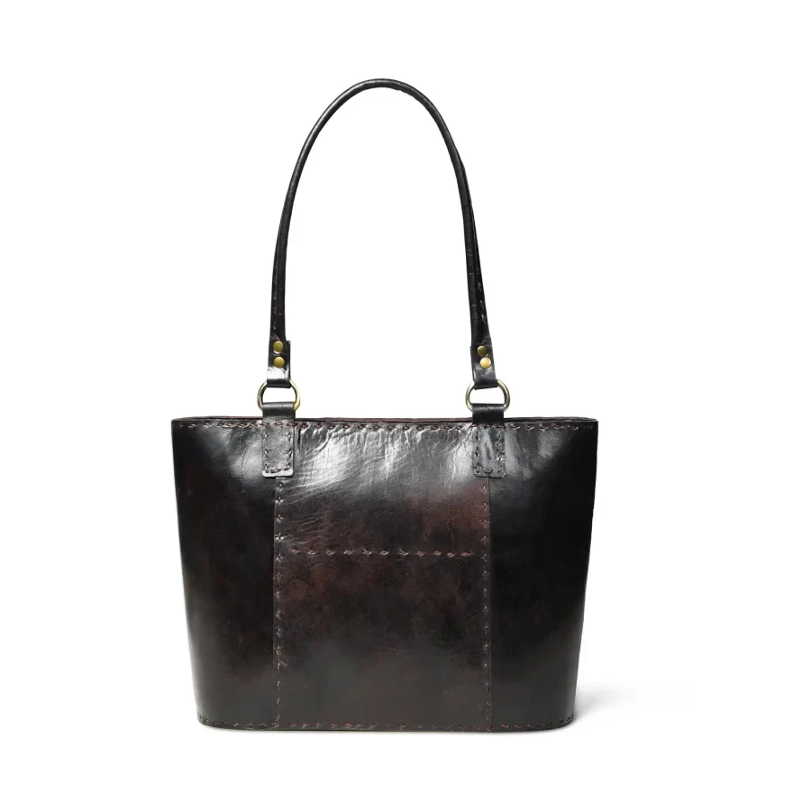 Front view of a dark brown leather tote bag 1