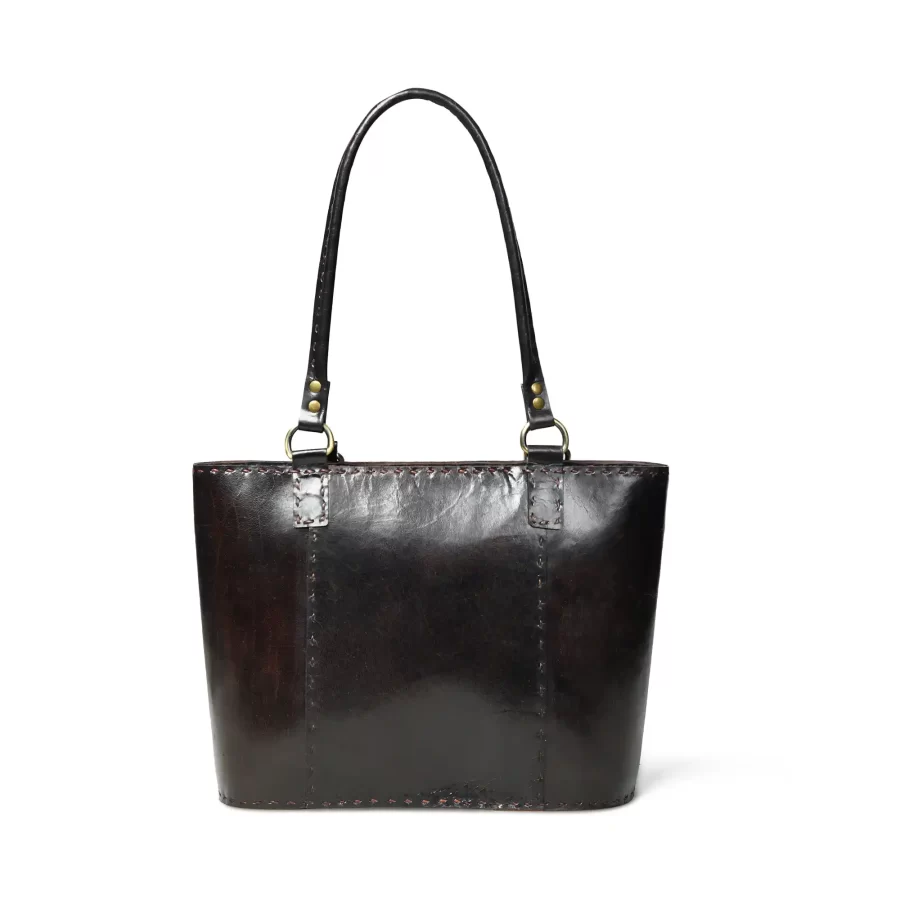 Back view of a dark brown leather tote bag 3