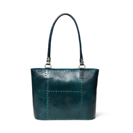 Front view of a dark green leather tote bag 1.