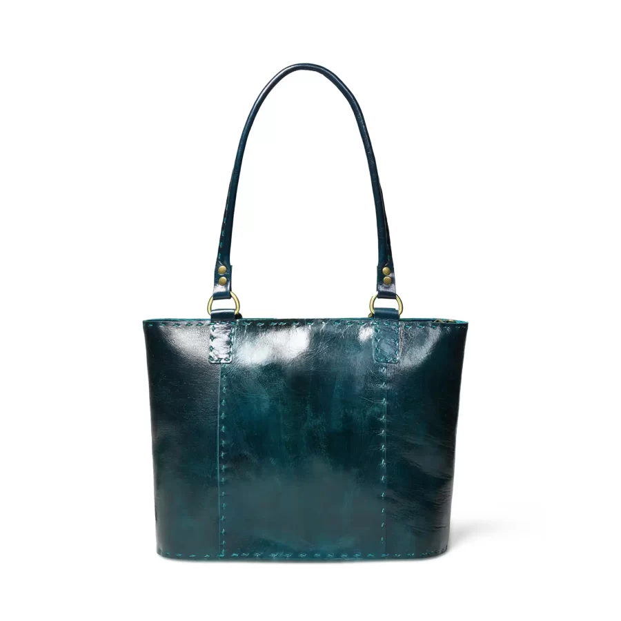 Back view of a dark green leather tote bag 3.